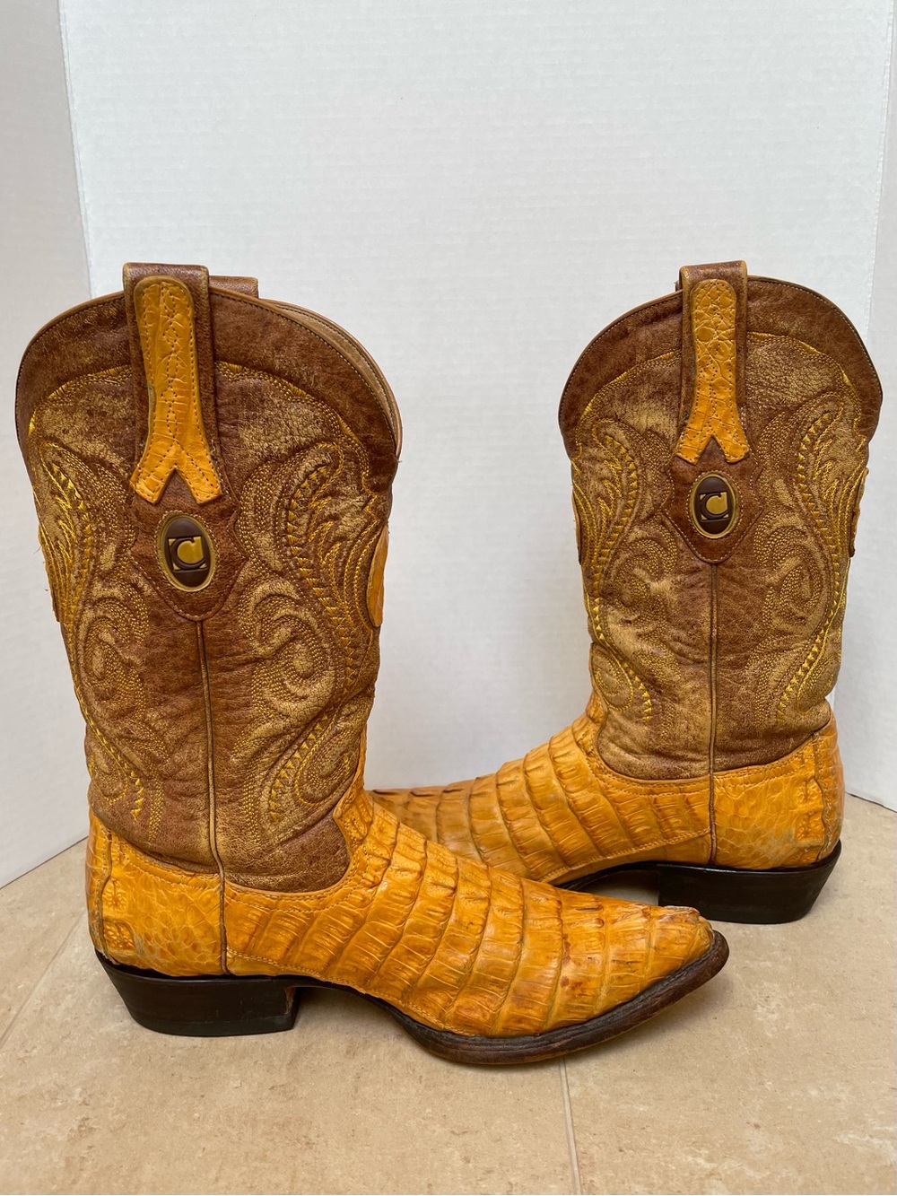 VTG Cuadra Caiman Leather Western Cowboy Boots Honey Hornback J Snip Toe Mens 9 - Picture 6 of 16